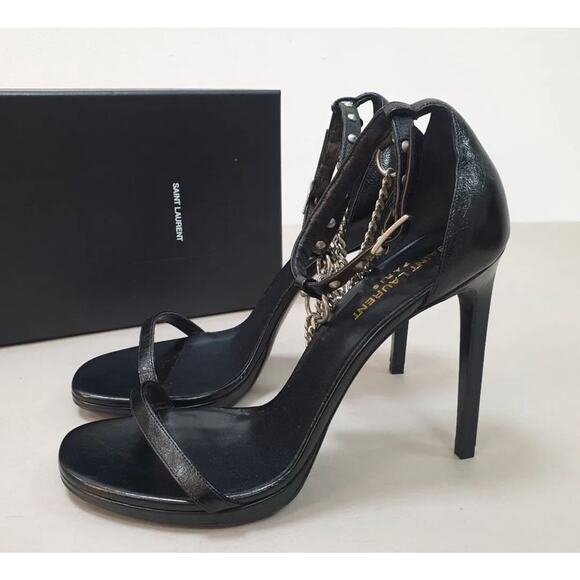 NWOB Saint Laurent Black Leather Heeled Sandals Sz.38.5 - Picture 1 of 8